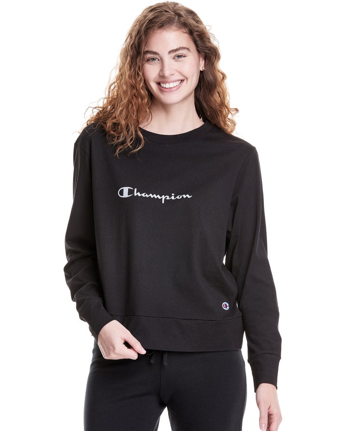 Champion Womens T-Shirt NZ - Sleep Pj Long-Sleeve Black ( 0423-DKRCB )